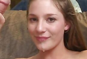 Cute slut takes dick in mouth, twat and ass then jizzed on after sucking 2 dicks