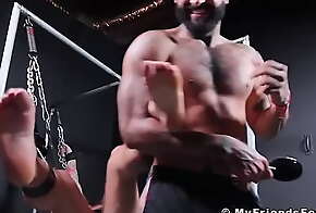 Restrained blonde stud Chad Hammer foot tormented by dom