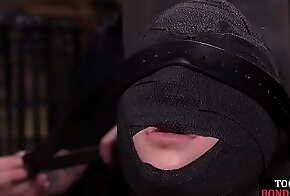 Gagged submissive clamped and caned while bound by master