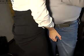 secretary humiliating her boss with hand, blow and bootjob until he pees in his jeans - business-bitch