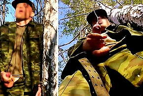 Russian SOLDIER with a big DICK on a military mission in the forest shoots sperm from his penis at opponents