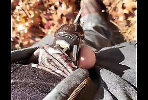 Pissing in the woods while in chastity with no key available