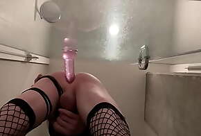 Sissy Sabrina part 2 in the shower practicing with big pink dildo licks it clean