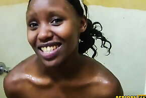 Ebony babe smiles before hardcore pounding in hotel bathroom
