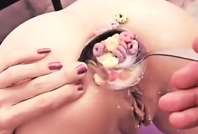 Inserting Milk and Cereals in Asshole extremally ass gaped and prolapsed