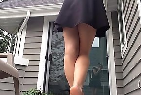 Upskirt milf pees standing on porch